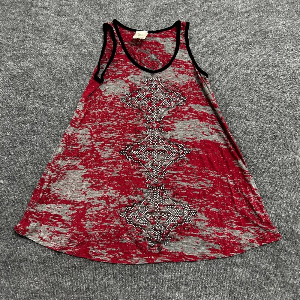 Vocal Tank Top Womens Size M Red Gray Burnout Rhinestone Embellished